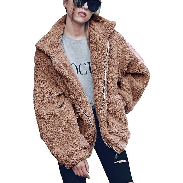 Womens Lapel Zip Up Faux Shearling Shaggy Coat Jacket Image 4