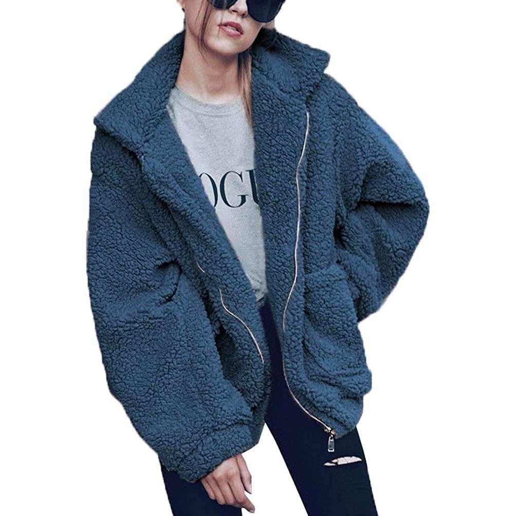 Womens Lapel Zip Up Faux Shearling Shaggy Coat Jacket Image 4