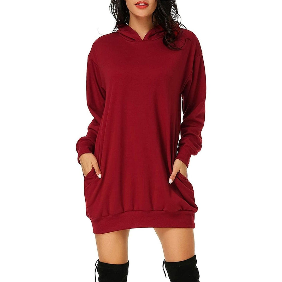 Womens Long Sleeve Hooded Pockets Pullover Hoodie Dress Tunic Sweatshirt Image 1