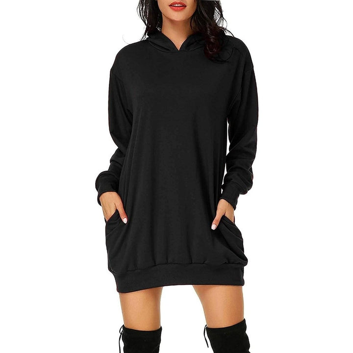 Womens Long Sleeve Hooded Pockets Pullover Hoodie Dress Tunic Sweatshirt Image 2