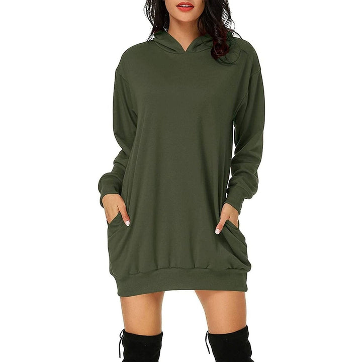 Womens Long Sleeve Hooded Pockets Pullover Hoodie Dress Tunic Sweatshirt Image 3