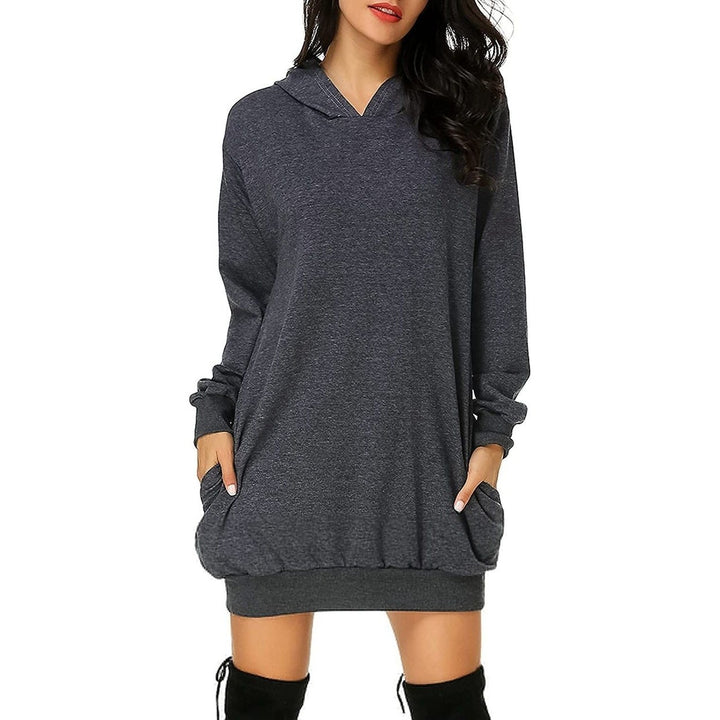 Womens Long Sleeve Hooded Pockets Pullover Hoodie Dress Tunic Sweatshirt Image 4