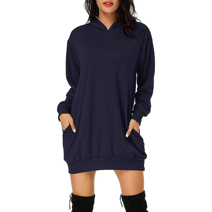 Womens Long Sleeve Hooded Pockets Pullover Hoodie Dress Tunic Sweatshirt Image 4