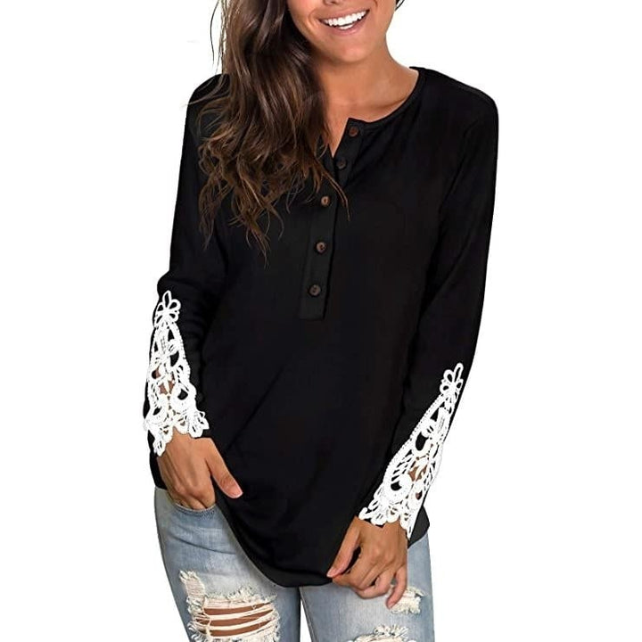 Womens Long Sleeve Solid Color Round Neck Lace Buttons Tunic Tops Image 1