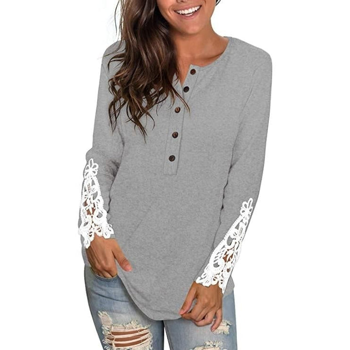 Womens Long Sleeve Solid Color Round Neck Lace Buttons Tunic Tops Image 2