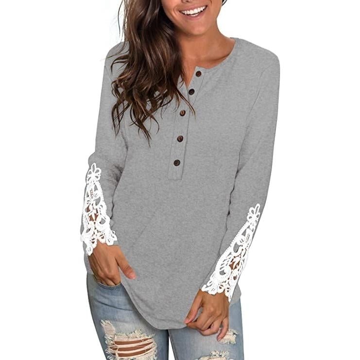 Womens Long Sleeve Solid Color Round Neck Lace Buttons Tunic Tops Image 1