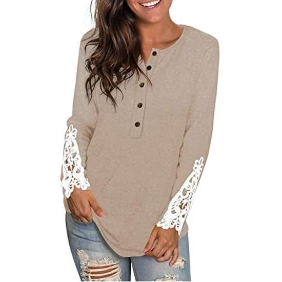 Womens Long Sleeve Solid Color Round Neck Lace Buttons Tunic Tops Image 3