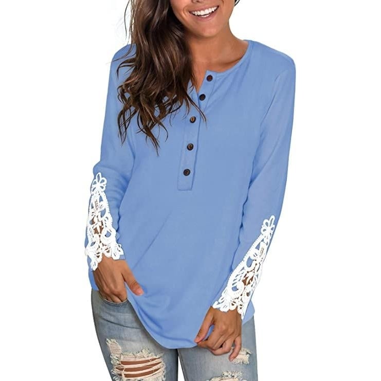 Womens Long Sleeve Solid Color Round Neck Lace Buttons Tunic Tops Image 4