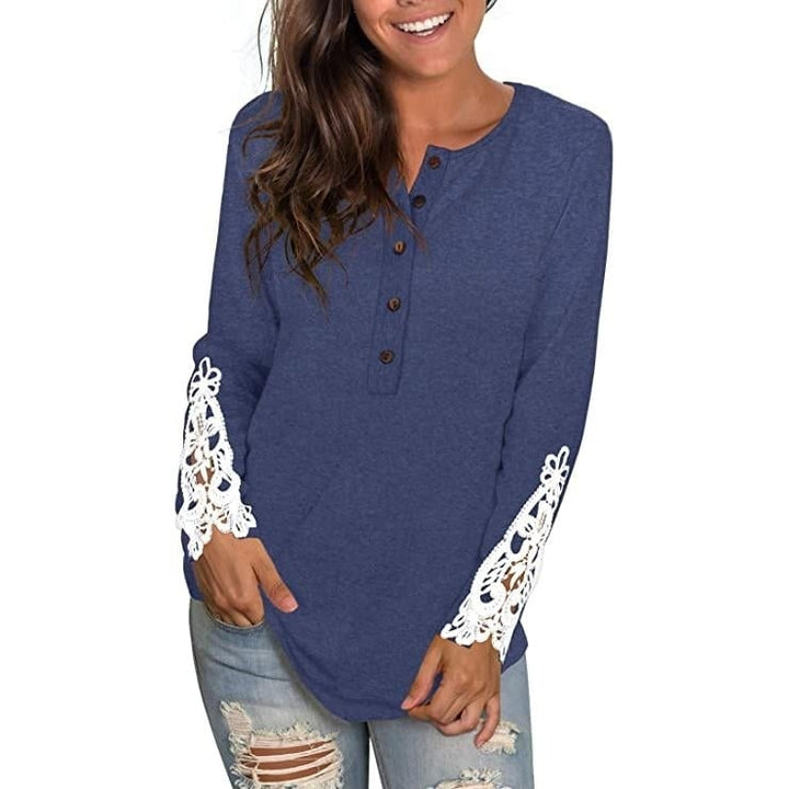 Womens Long Sleeve Solid Color Round Neck Lace Buttons Tunic Tops Image 4