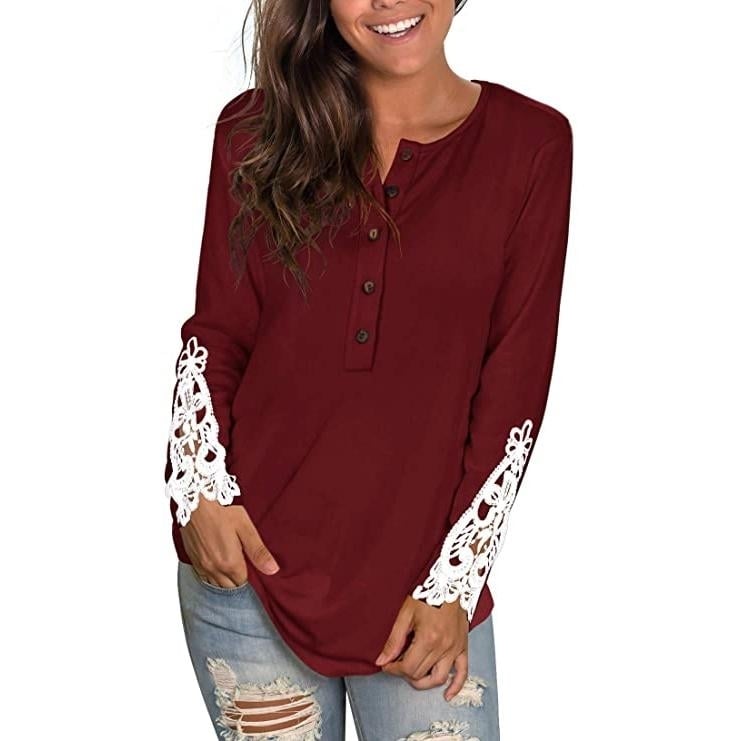 Womens Long Sleeve Solid Color Round Neck Lace Buttons Tunic Tops Image 6