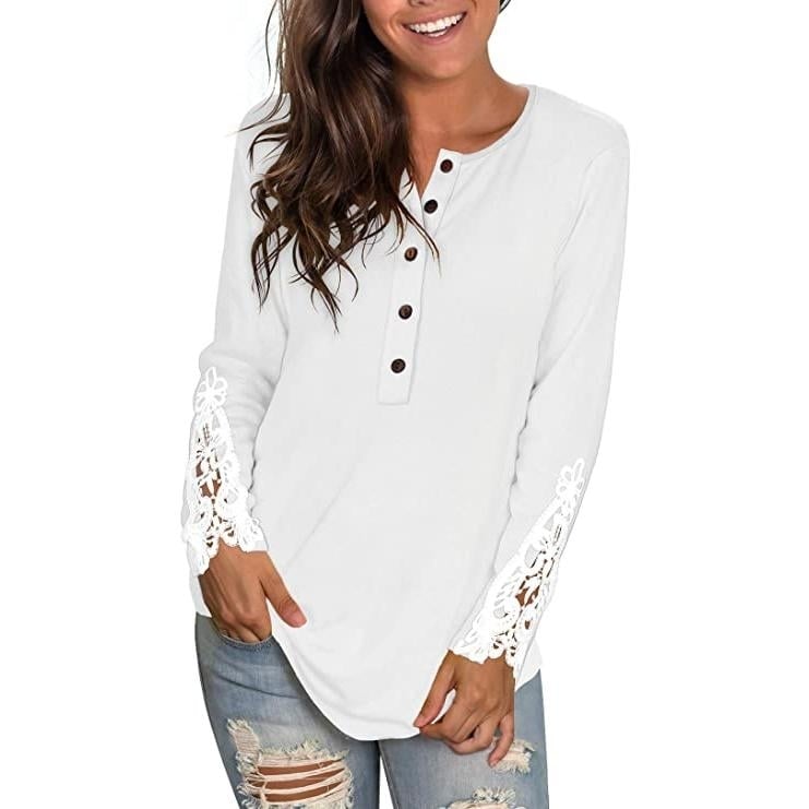 Womens Long Sleeve Solid Color Round Neck Lace Buttons Tunic Tops Image 7