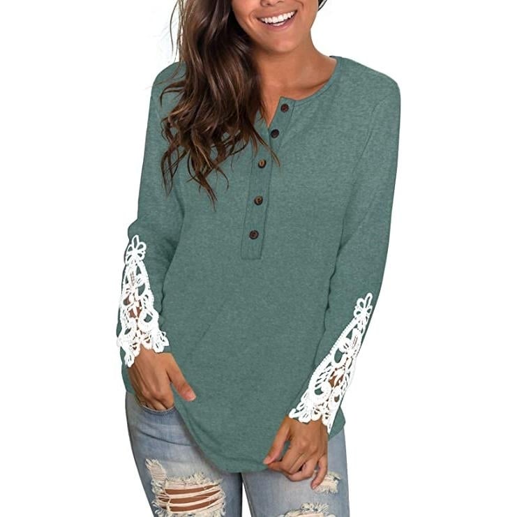 Womens Long Sleeve Solid Color Round Neck Lace Buttons Tunic Tops Image 8