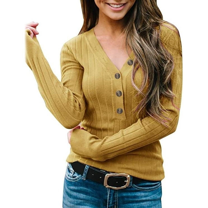 Womens Long Sleeve V Neck Ribbed Button Knit Sweater Image 3