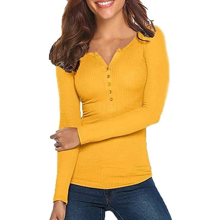 Womens Long Sleeve V Neck Ribbed Button Down Knit Sweater Fitted Top Image 2