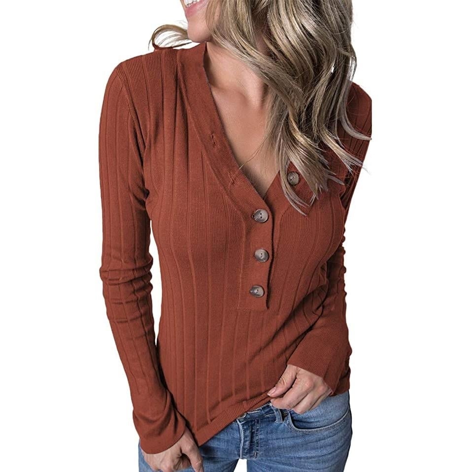 Womens Long Sleeve V Neck Ribbed Button Knit Sweater Image 9