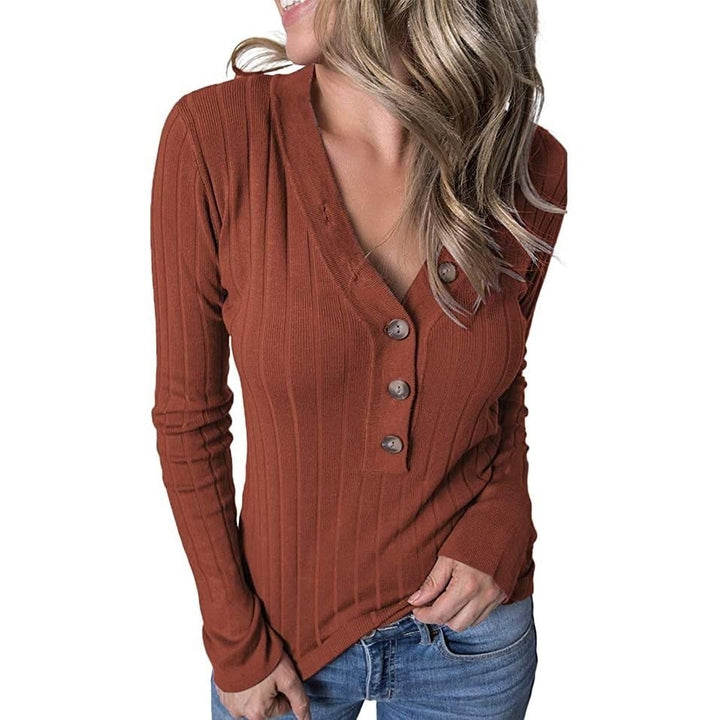 Womens Long Sleeve V Neck Ribbed Button Knit Sweater Image 9