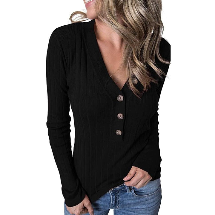 Womens Long Sleeve V Neck Ribbed Button Knit Sweater Image 11