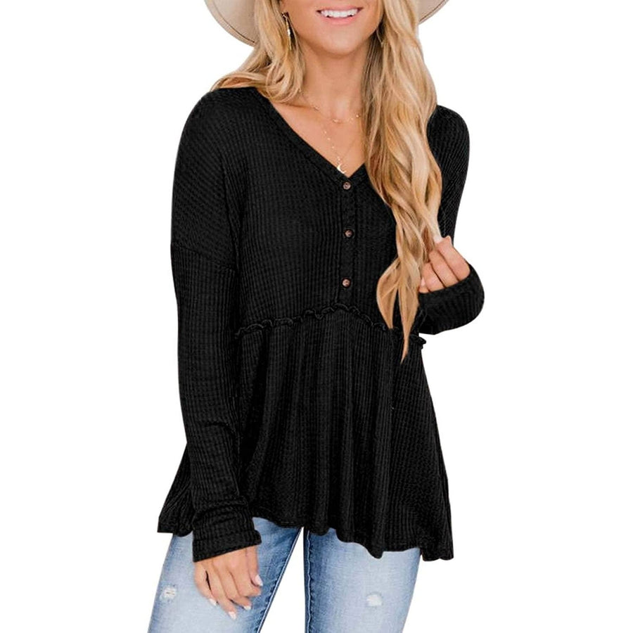 Womens Long Sleeve V Neck Ruffle Babydoll Tunic Tops Image 1