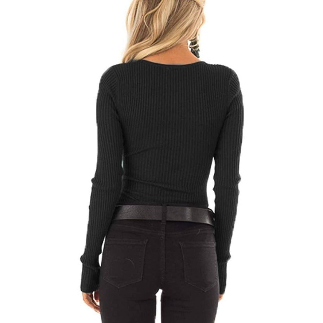 Womens Long Sleeve V Neck Ribbed Button Down Knit Sweater Fitted Top Image 8