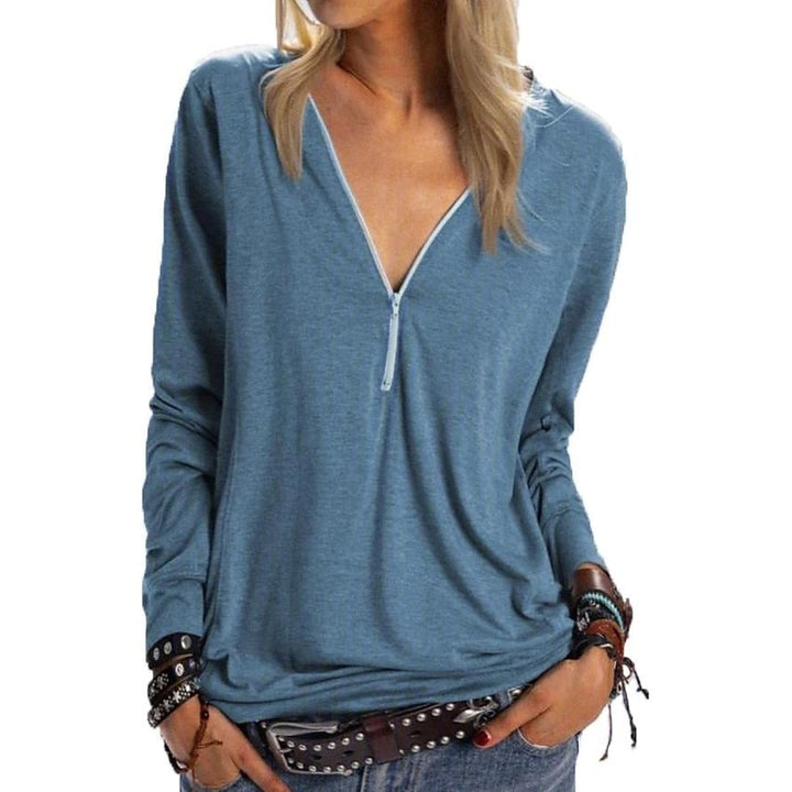 Womens Long Sleeve Zipper Quarter Zip V Neck Casual Top Image 1