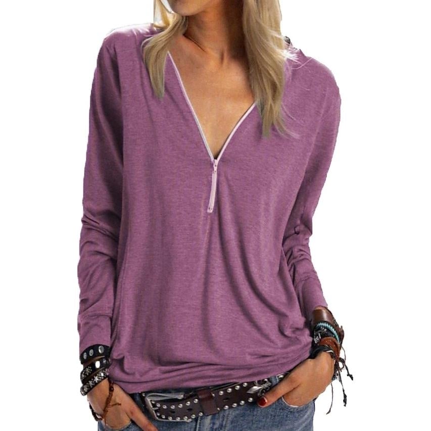 Womens Long Sleeve Zipper Quarter Zip V Neck Casual Top Image 2