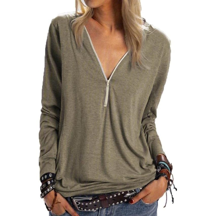 Womens Long Sleeve Zipper Quarter Zip V Neck Casual Top Image 3