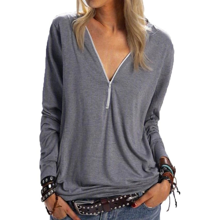 Womens Long Sleeve Zipper Quarter Zip V Neck Casual Top Image 1