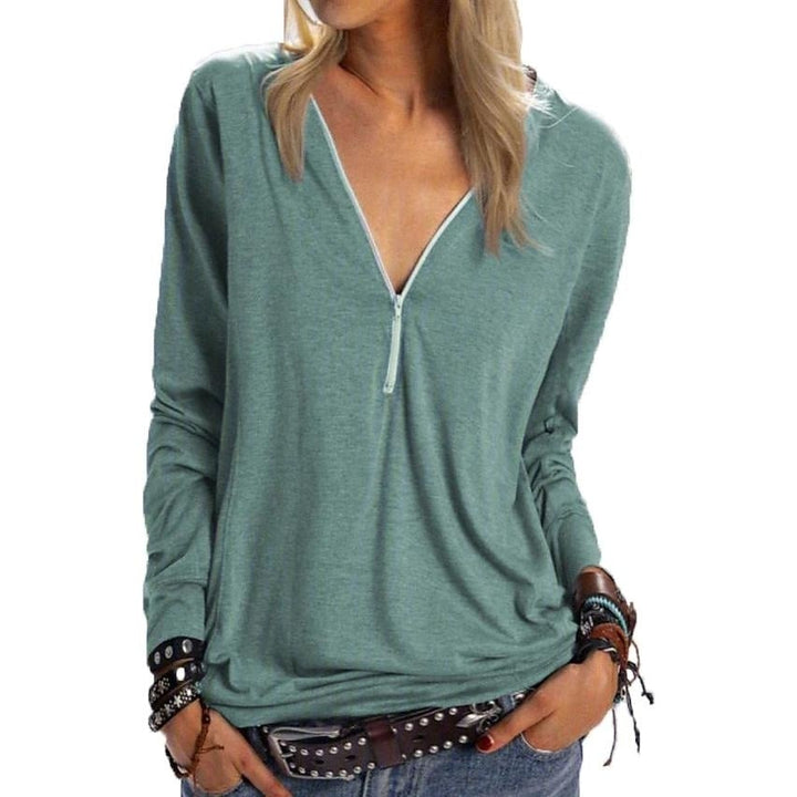 Womens Long Sleeve Zipper Quarter Zip V Neck Casual Top Image 4