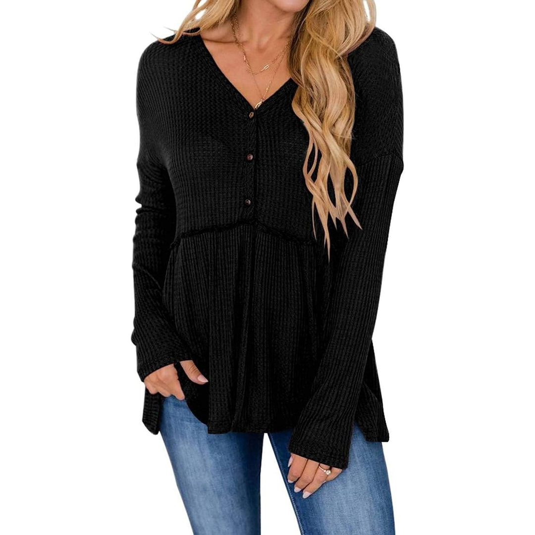 Womens Long Sleeve V Neck Ruffle Babydoll Tunic Tops Image 2