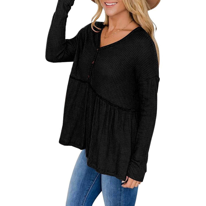 Womens Long Sleeve V Neck Ruffle Babydoll Tunic Tops Image 3