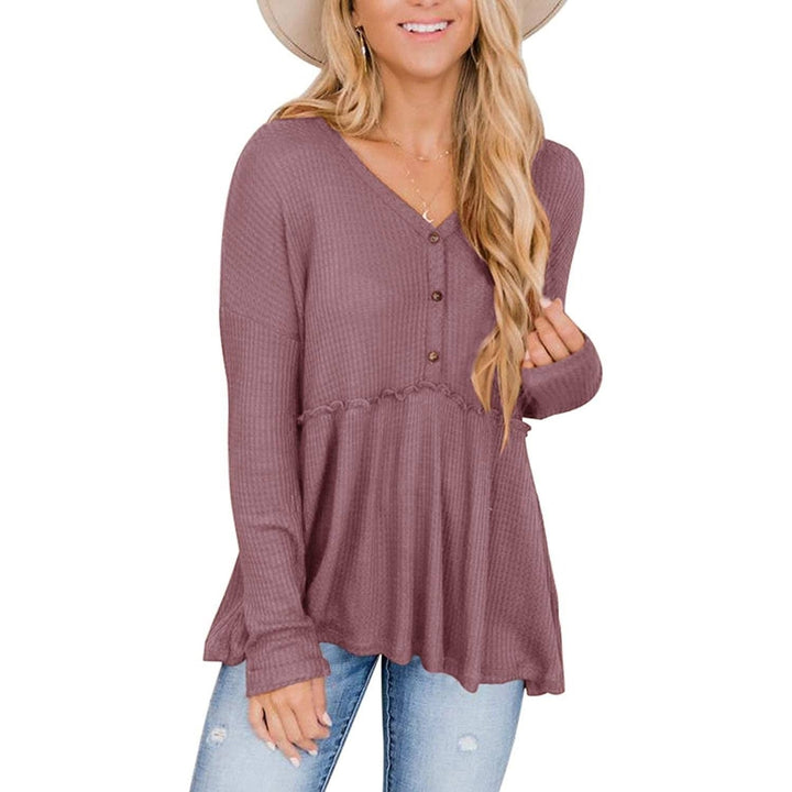 Womens Long Sleeve V Neck Ruffle Babydoll Tunic Tops Image 4