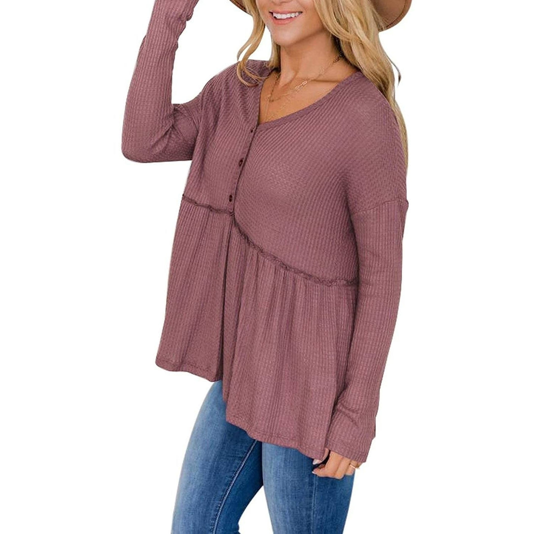 Womens Long Sleeve V Neck Ruffle Babydoll Tunic Tops Image 6