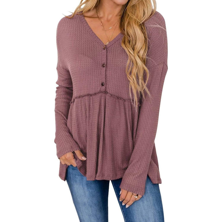 Womens Long Sleeve V Neck Ruffle Babydoll Tunic Tops Image 7