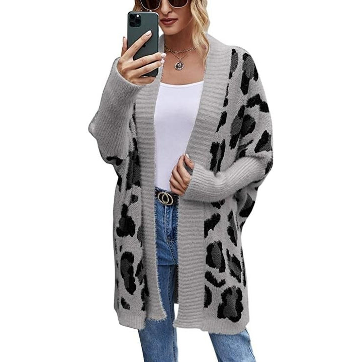 Womens Long Sleeves Leopard Print Knitting Cardigan Image 3