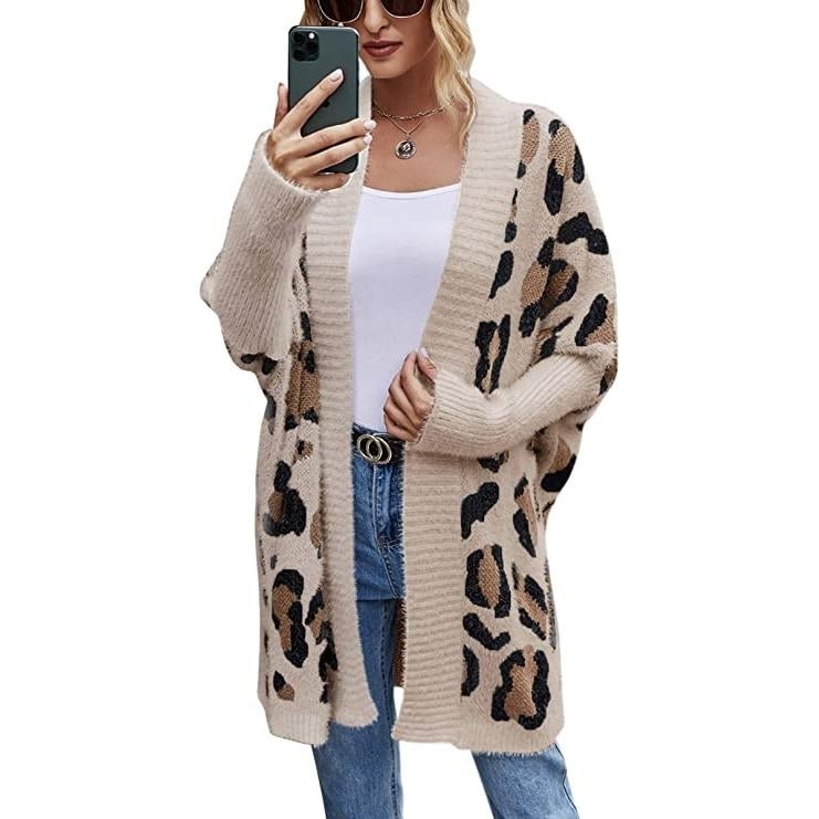 Womens Long Sleeves Leopard Print Knitting Cardigan Image 4