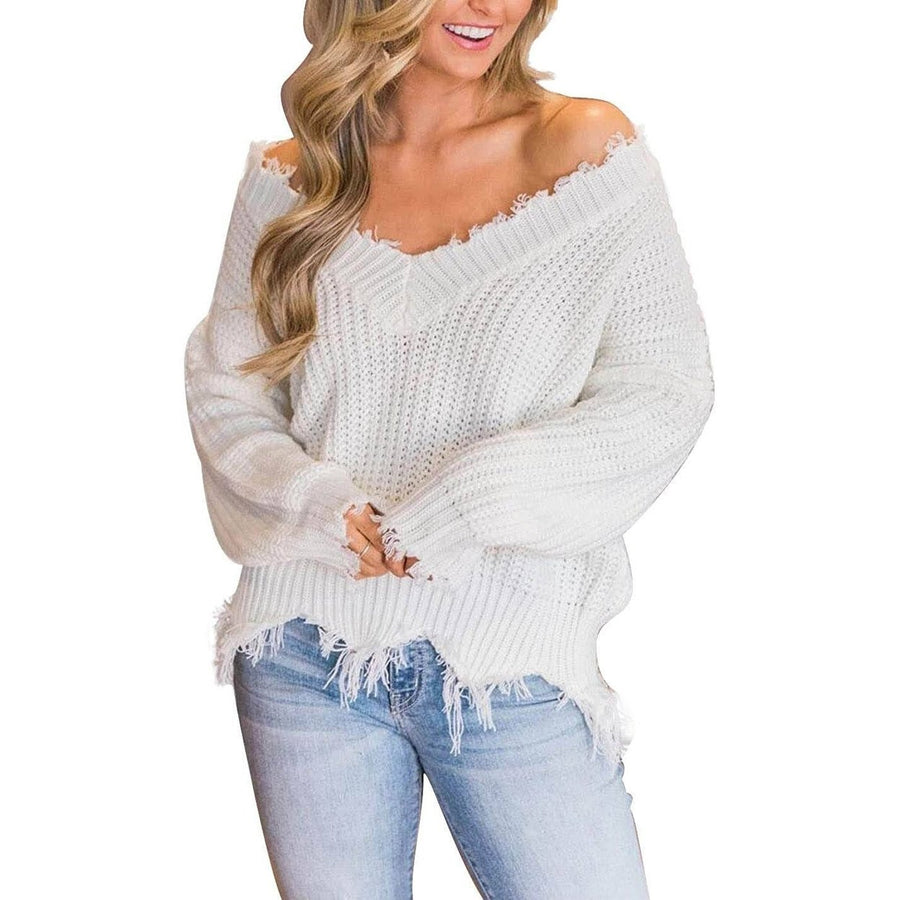 Womens Loose Knitted Sweater Long Sleeve V-Neck Ripped Pullover Sweaters Crop Top Knit Jumper Image 1