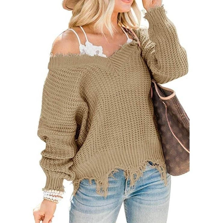 Womens Loose Knitted Sweater Long Sleeve V-Neck Ripped Pullover Sweaters Crop Top Knit Jumper Image 2