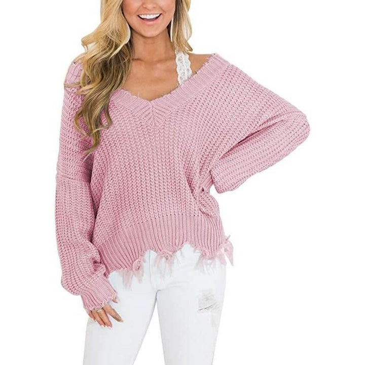 Womens Loose Knitted Sweater Long Sleeve V-Neck Ripped Pullover Sweaters Crop Top Knit Jumper Image 3