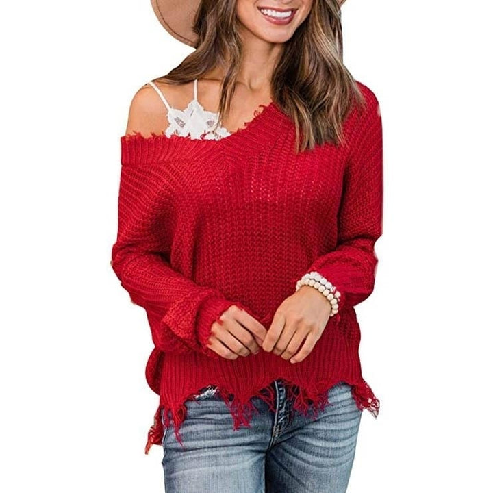 Womens Loose Knitted Sweater Long Sleeve V-Neck Ripped Pullover Sweaters Crop Top Knit Jumper Image 4