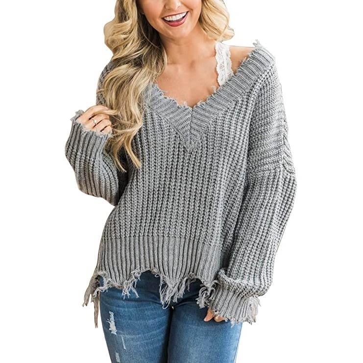 Womens Loose Knitted Sweater Long Sleeve V-Neck Ripped Pullover Sweaters Crop Top Knit Jumper Image 4