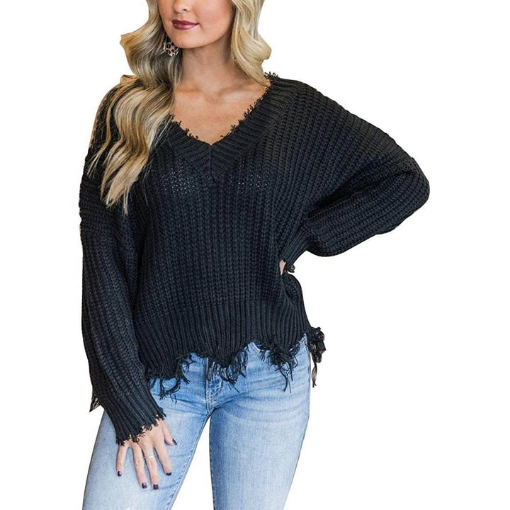 Womens Loose Knitted Sweater Long Sleeve V-Neck Ripped Pullover Sweaters Crop Top Knit Jumper Image 6