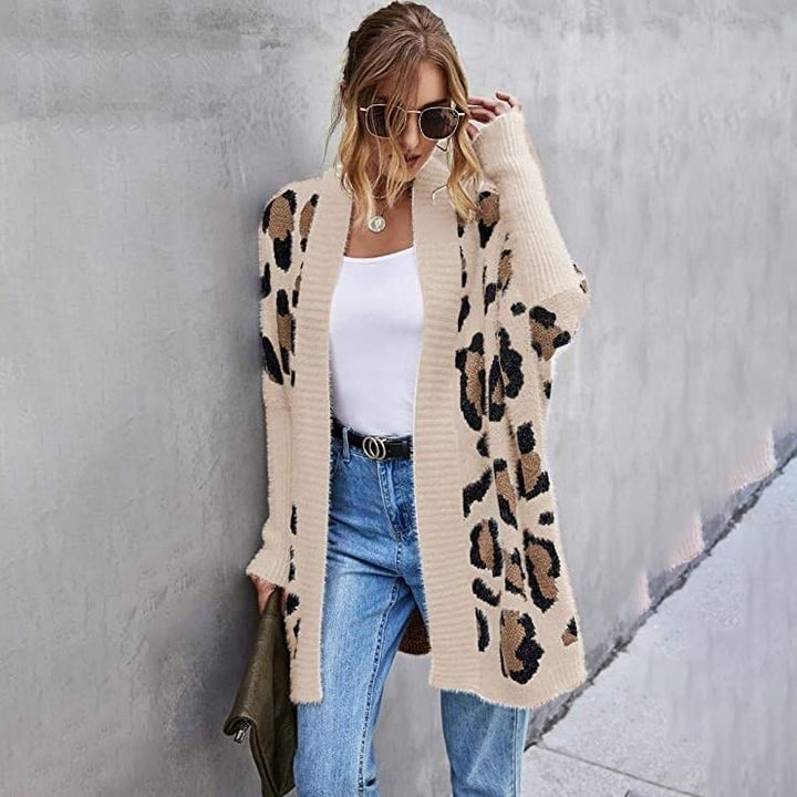 Womens Long Sleeves Leopard Print Knitting Cardigan Image 6