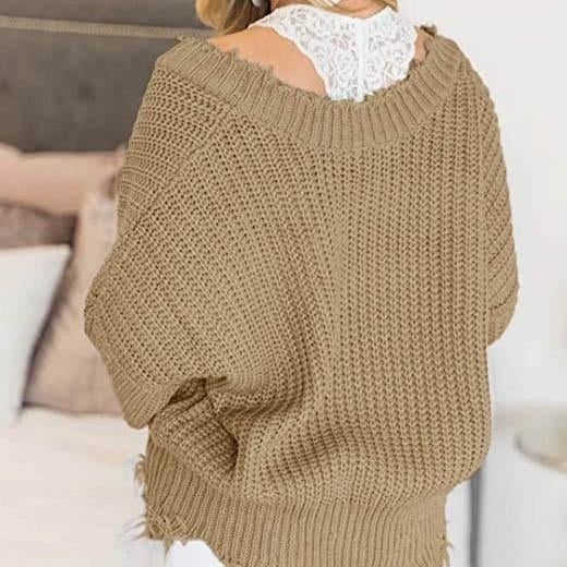 Womens Loose Knitted Sweater Long Sleeve V-Neck Ripped Pullover Sweaters Crop Top Knit Jumper Image 11