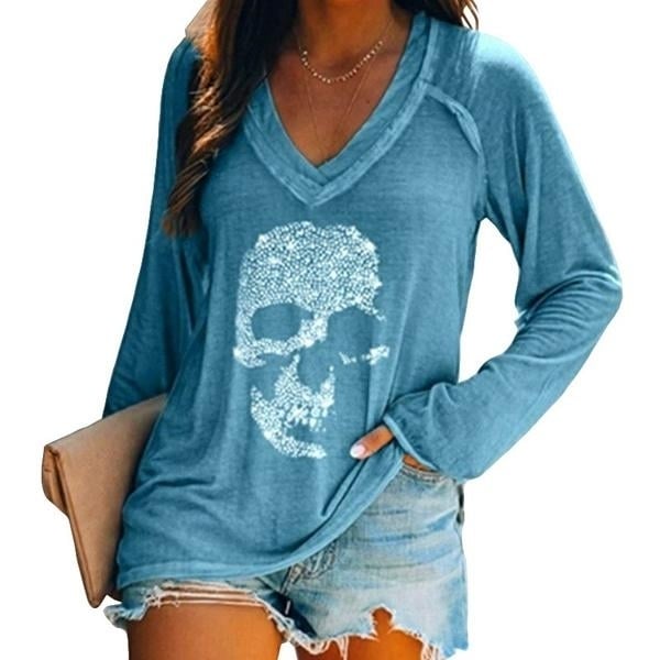 Womens Loose Skull Printed Long Sleeved V-neck Shirts Cotton Tops Image 1