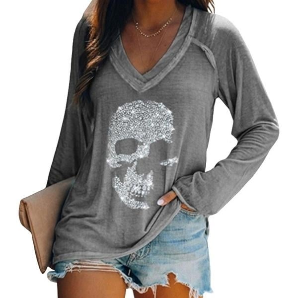 Womens Loose Skull Printed Long Sleeved V-neck Shirts Cotton Tops Image 2