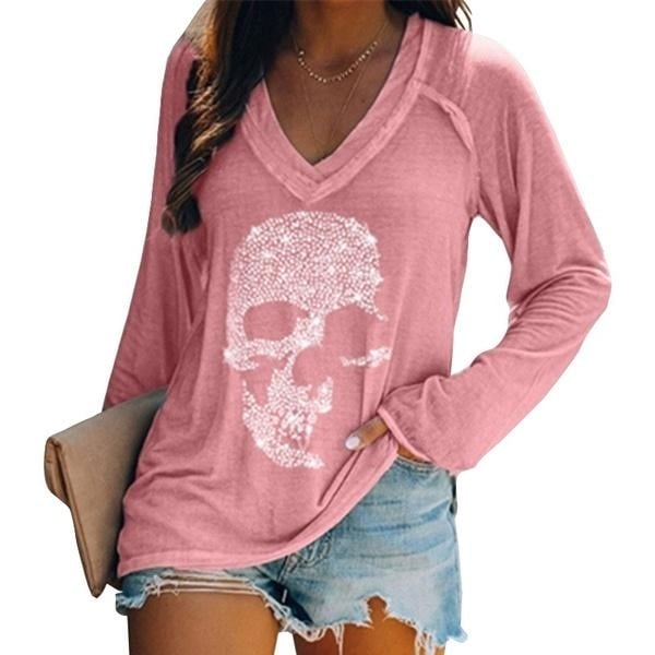 Womens Loose Skull Printed Long Sleeved V-neck Shirts Cotton Tops Image 3