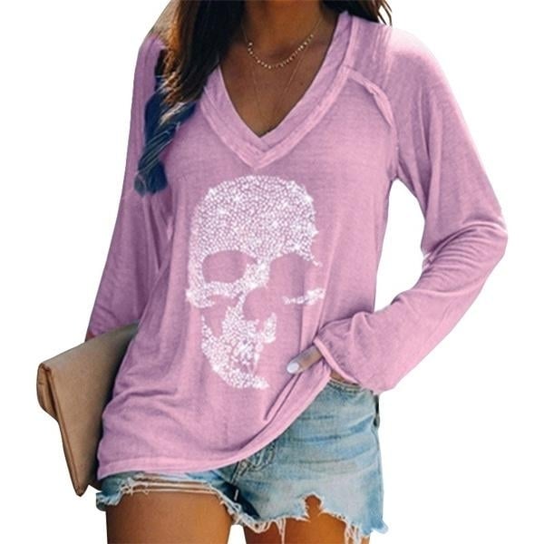 Womens Loose Skull Printed Long Sleeved V-neck Shirts Cotton Tops Image 4