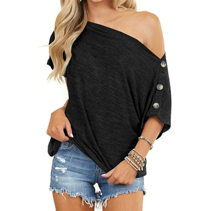 Womens Off Shoulder Button Down Short Sleeve Shirt Image 1