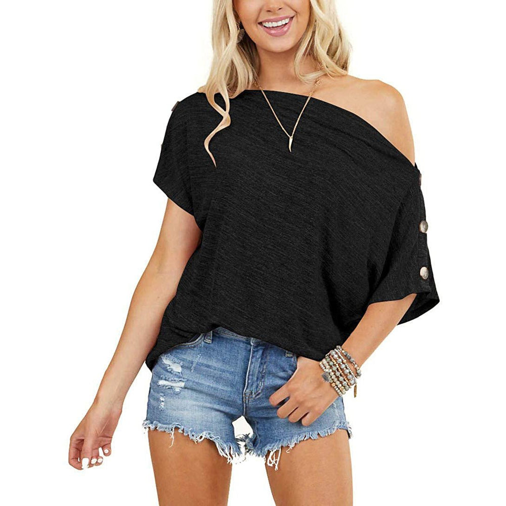 Womens Off Shoulder Button Down Short Sleeve Shirt Image 2