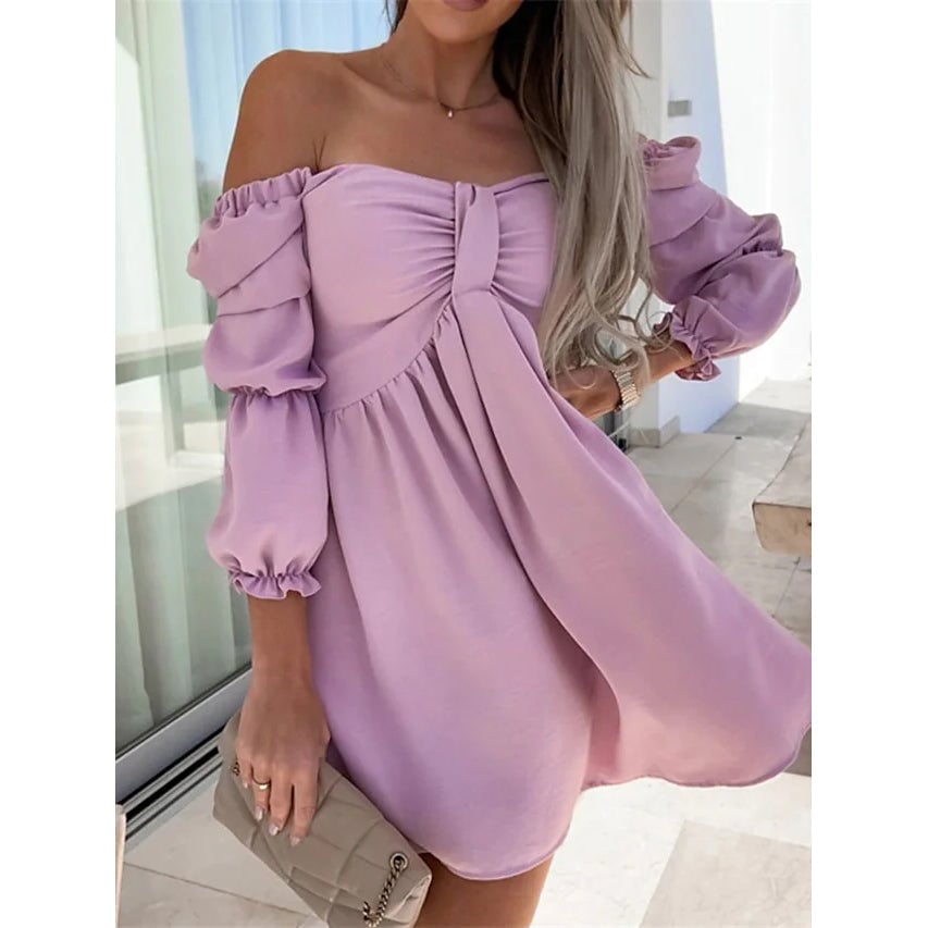 Womens Off Shoulder Casual Puff Sleeve Dress Image 2